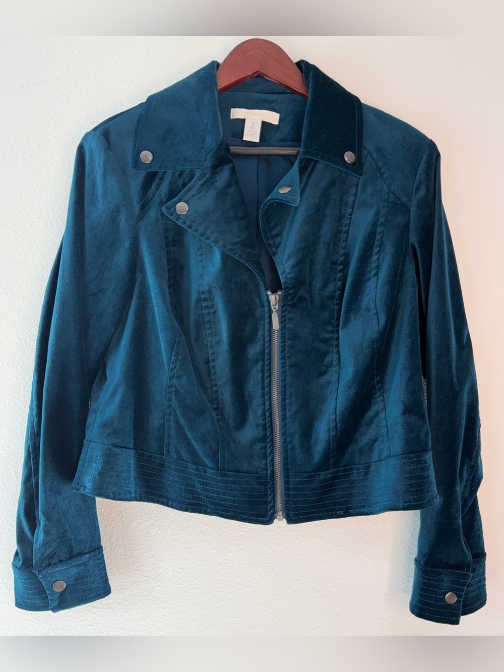 Chico's Teal Blue Velvet Moto Jacket Asymmetric Zip Whimsigoth Y2K Fall Grunge M